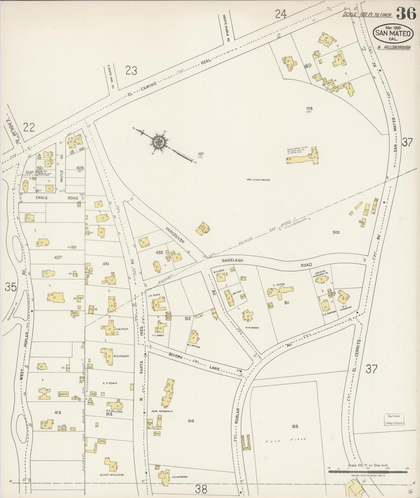 Sanborn Fire Insurance Map from San Mateo, San Mateo County, California (1920), Sheet #0036 - Complete Map Set gallery image, historic Sanborn map, vintage wall art, California California