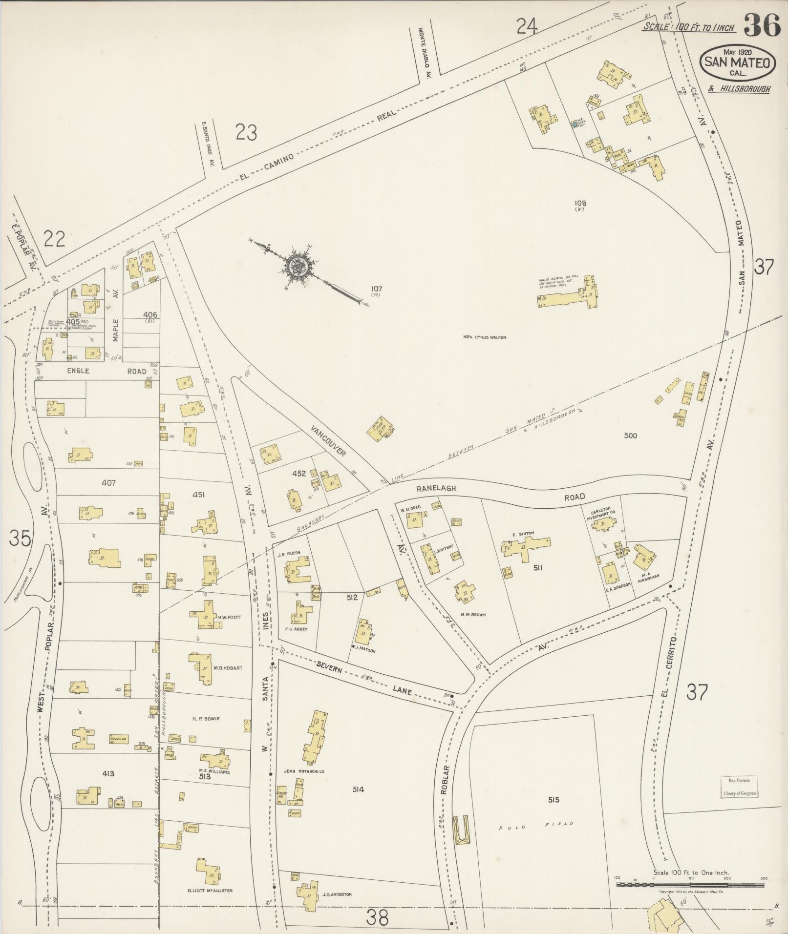 Sanborn Fire Insurance Map from San Mateo, San Mateo County, California (1920), Sheet #0036 - Complete Map Set gallery image, historic Sanborn map, vintage wall art, California California