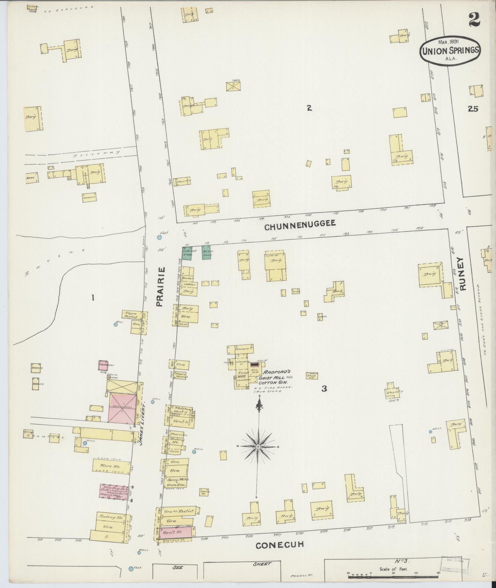 Sanborn Fire Insurance Map from Union Springs, Bullock County, Alabama (1891), Sheet #0002 - Complete Map Set gallery image, historic Sanborn map, vintage wall art, Alabama Alabama