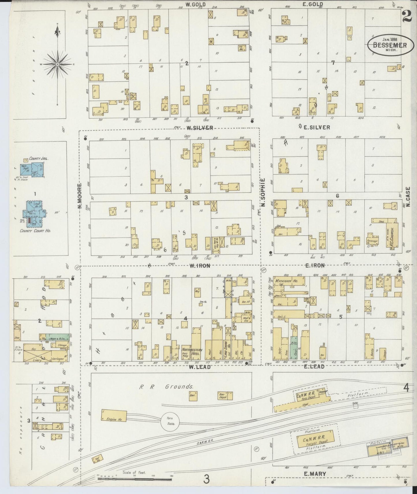 Sanborn Fire Insurance Map from Bessemer, Gogebic County, Michigan (1898), Sheet #0002 - Complete Map Set gallery image, historic Sanborn map, vintage wall art, Michigan Michigan