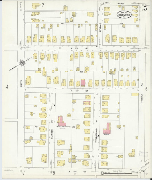 Sanborn Fire Insurance Map from Richmond, Madison County, Kentucky (1912), Sheet #0005 - Historic Sanborn Fire Insurance Map Print, vintage old map wall art, antique decor, genealogy gift, Kentucky Kentucky map