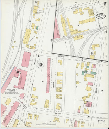 Sanborn Fire Insurance Map from Clinton, Worcester County, Massachusetts (1904), Sheet #0016 - Historic Sanborn Fire Insurance Map Print, vintage old map wall art, antique decor, genealogy gift, Massachusetts Massachusetts map