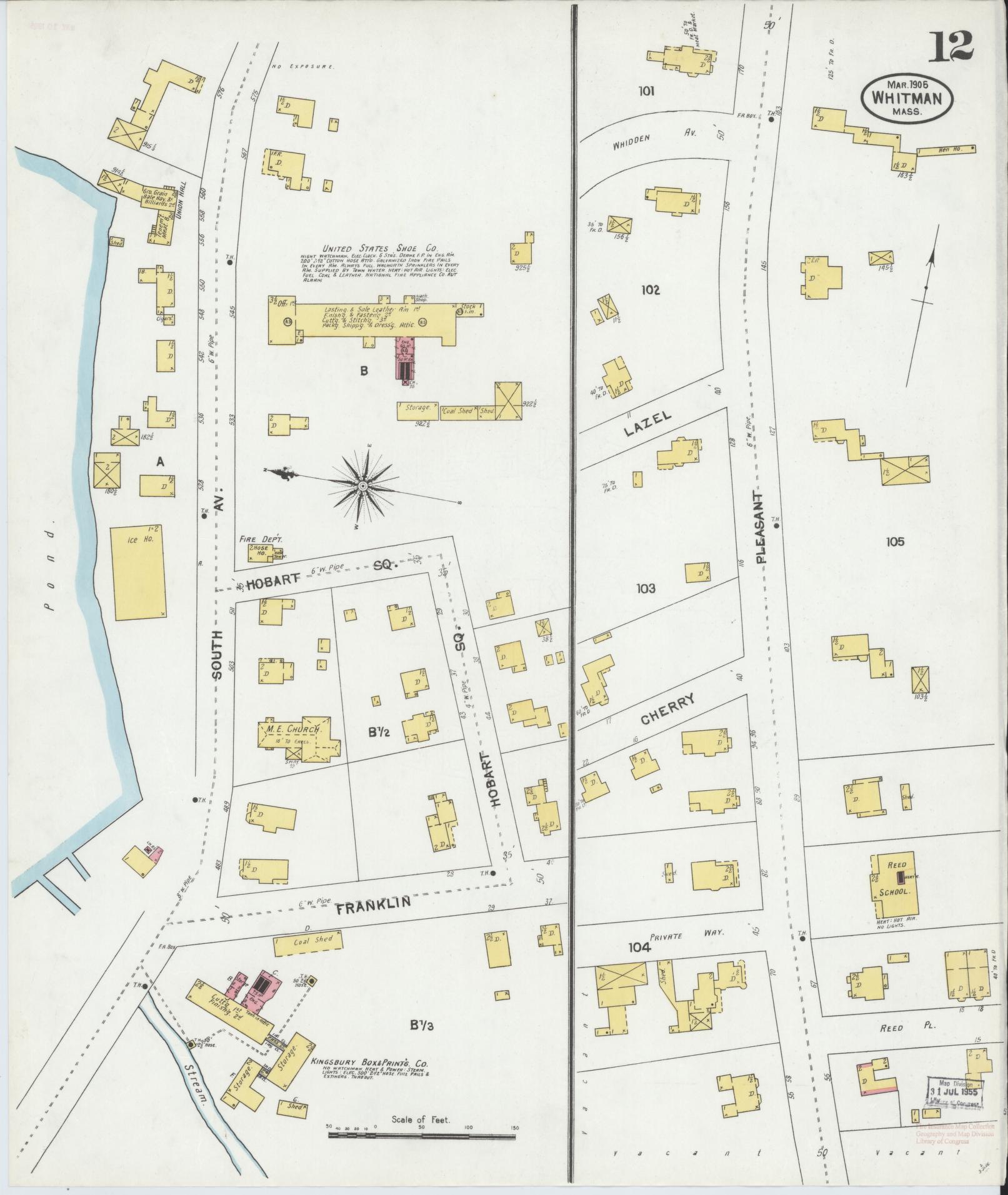 Sanborn Fire Insurance Map from Whitman, Plymouth County, Massachusetts (1905), Sheet #0012 - Historic Sanborn Fire Insurance Map Print, vintage old map wall art, antique decor, genealogy gift, Massachusetts Massachusetts map