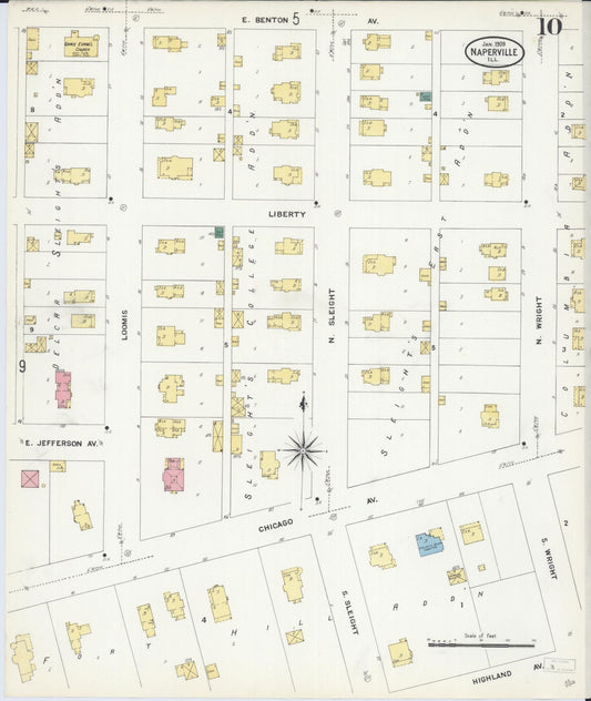 Sanborn Fire Insurance Map from Naperville, Du Page County, Illinois (1909), Sheet #0010 - Historic Sanborn Fire Insurance Map Print, vintage old map wall art, antique decor, genealogy gift, Illinois Illinois map