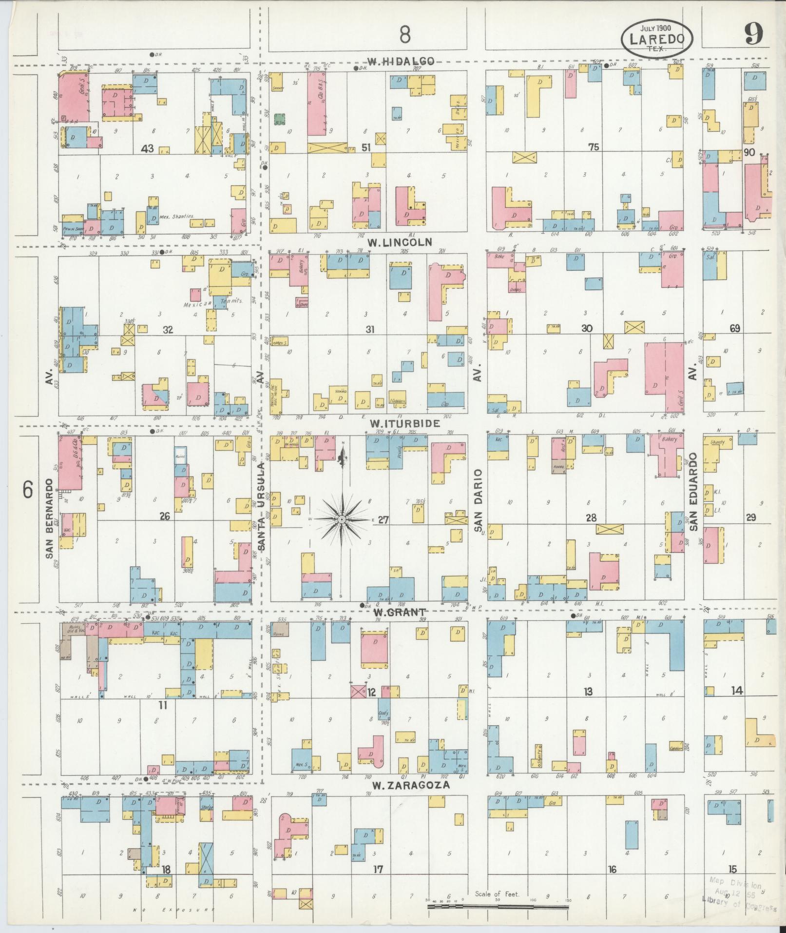 Sanborn Fire Insurance Map from Laredo, Webb County, Texas (1900), Sheet #0009 - Historic Sanborn Fire Insurance Map Print, vintage old map wall art, antique decor, genealogy gift, Texas Texas map