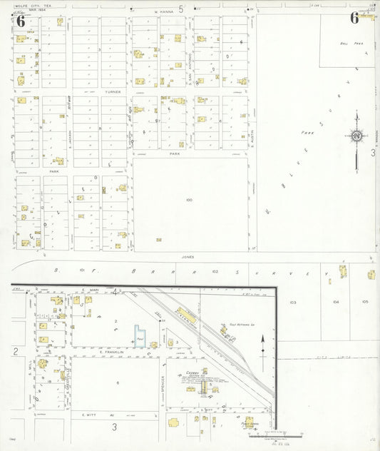 Sanborn Fire Insurance Map from Wolfe City, Hunt County, Texas (1934), Sheet #0006 - Historic Sanborn Fire Insurance Map Print, vintage old map wall art, antique decor, genealogy gift, Texas Texas map