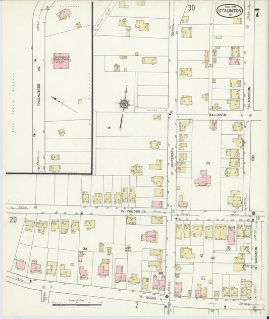 Sanborn Fire Insurance Map from Staunton, Independent Cities, Virginia (1914), Sheet #0007 - Historic Sanborn Fire Insurance Map Print, vintage old map wall art, antique decor, genealogy gift, Virginia Virginia map