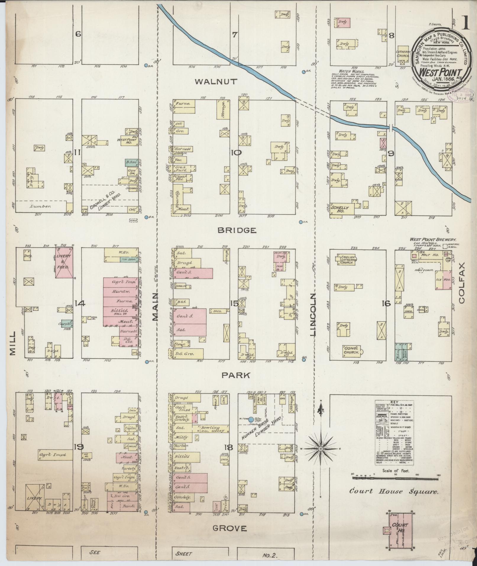 Sanborn Fire Insurance Map from West Point, Cuming County, Nebraska (1886), Sheet #0001 - Complete Map Set gallery image, historic Sanborn map, vintage wall art, Nebraska Nebraska