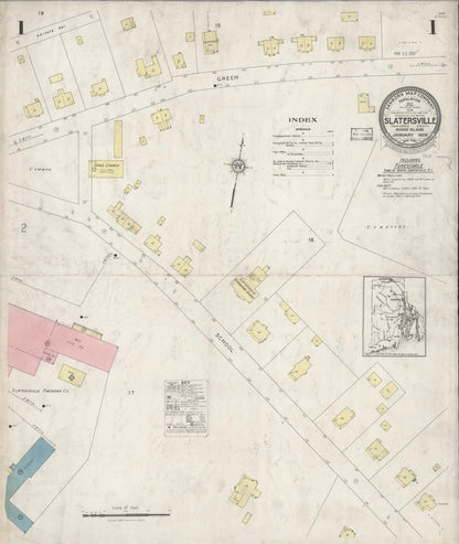 Sanborn Fire Insurance Map from Slatersville, Providence County, Rhode Island (1928), Sheet #0001 - Complete Map Set gallery image, historic Sanborn map, vintage wall art, Rhode Island Rhode Island