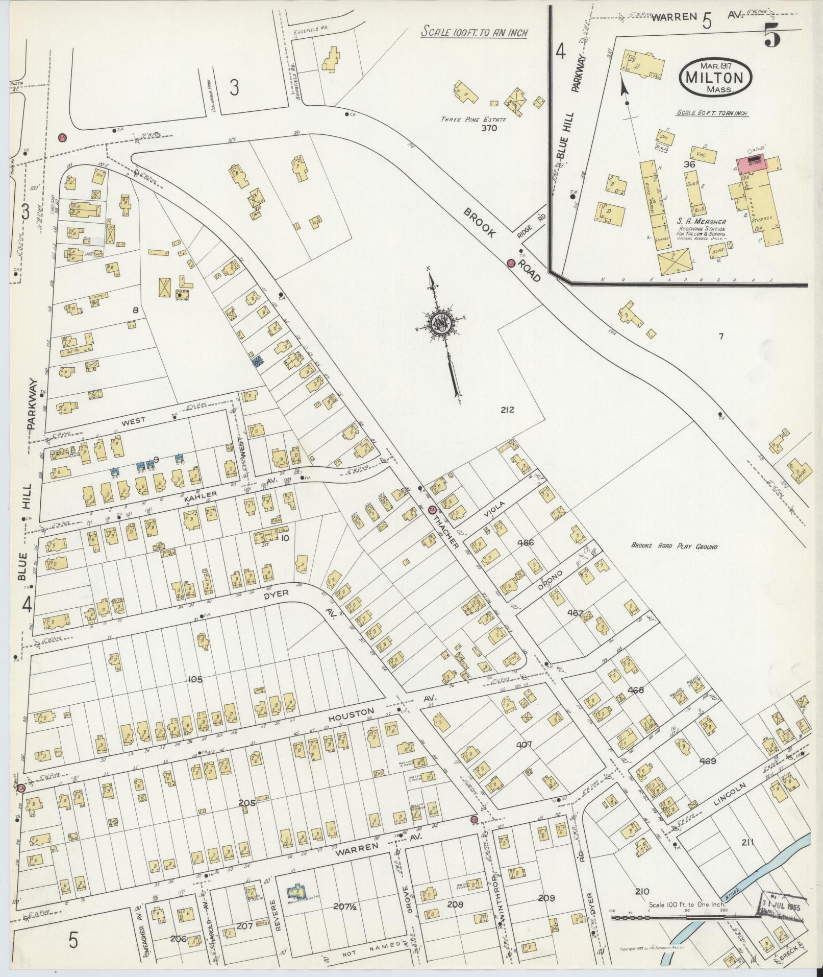 Sanborn Fire Insurance Map from Milton, Norfolk County, Massachusetts (1917), Sheet #0005 - Historic Sanborn Fire Insurance Map Print, vintage old map wall art, antique decor, genealogy gift, Massachusetts Massachusetts map