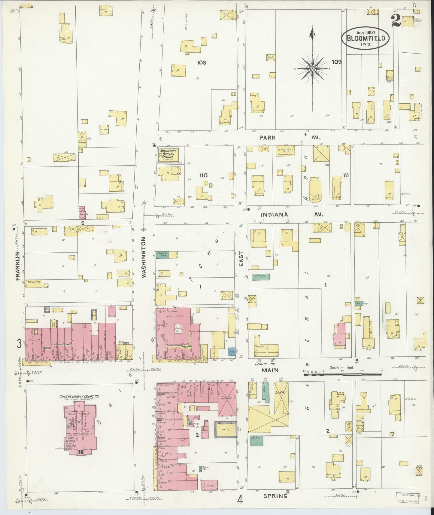 Sanborn Fire Insurance Map from Bloomfield, Greene County, Indiana (1907), Sheet #0002 - Complete Map Set gallery image, historic Sanborn map, vintage wall art, Indiana Indiana