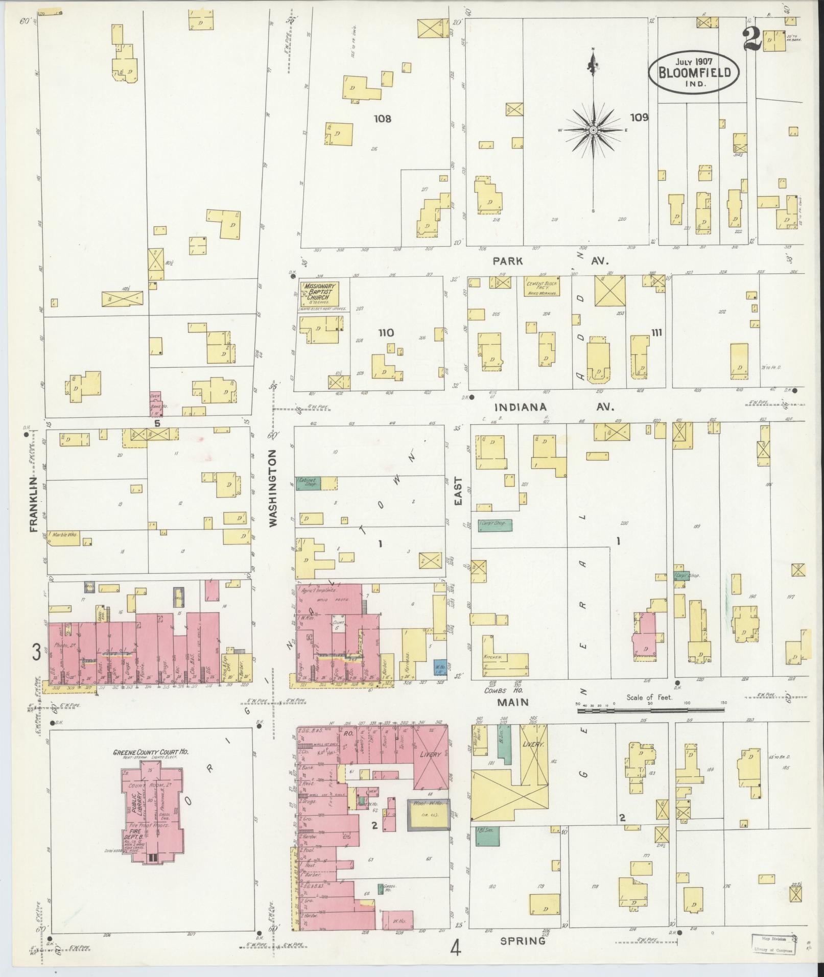 Sanborn Fire Insurance Map from Bloomfield, Greene County, Indiana (1907), Sheet #0002 - Complete Map Set gallery image, historic Sanborn map, vintage wall art, Indiana Indiana