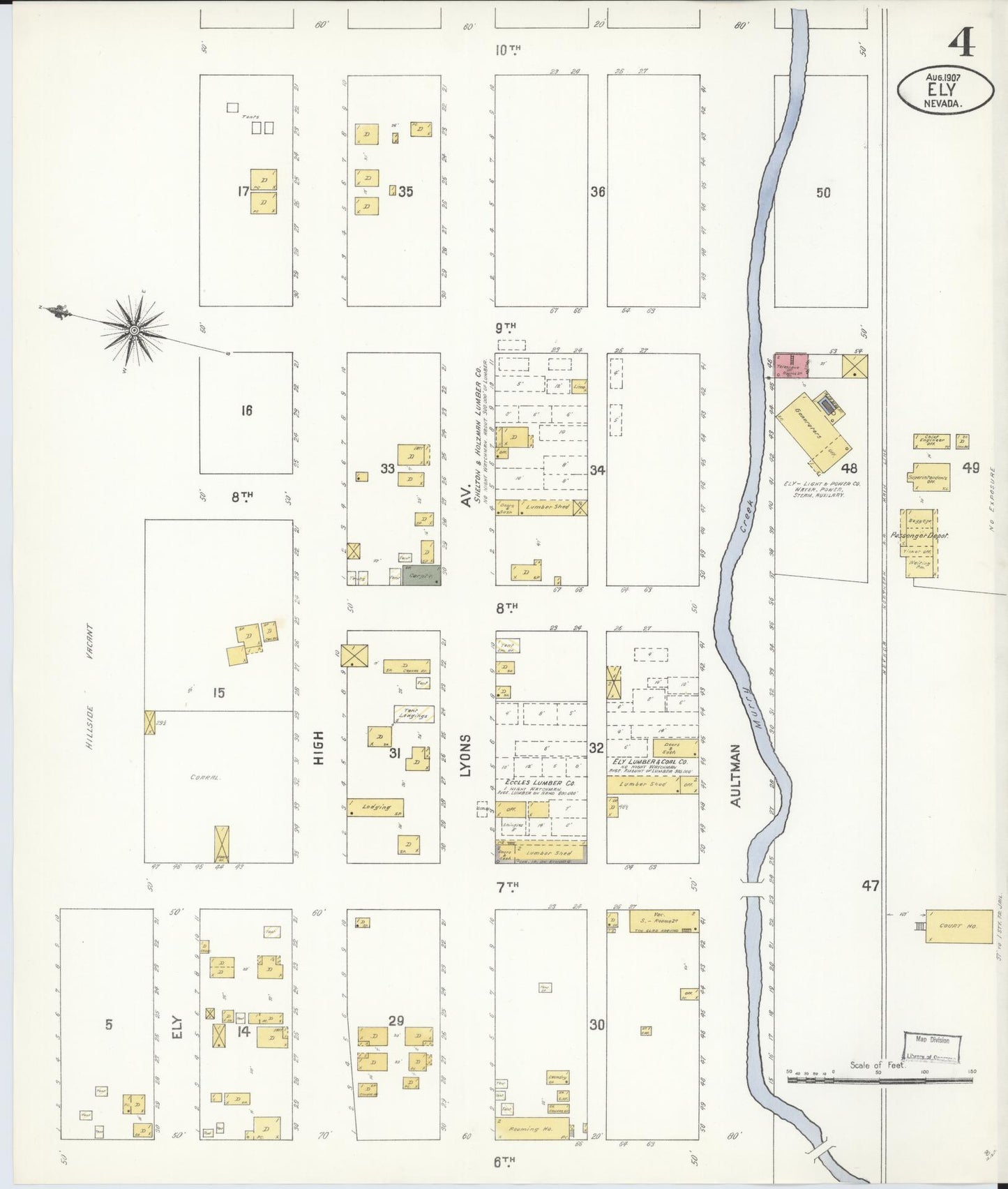 Sanborn Fire Insurance Map from Ely, White Pine County, Nevada (1907), Sheet #0004 - Complete Map Set gallery image, historic Sanborn map, vintage wall art, Nevada Nevada