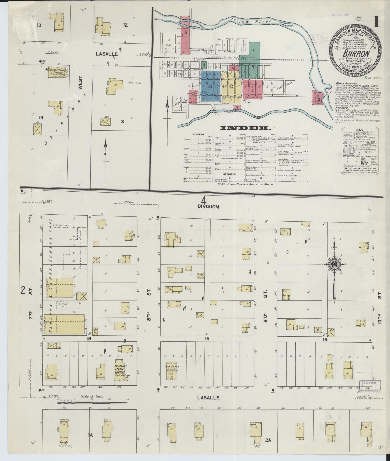 Sanborn Fire Insurance Map from Barron, Barron County, Wisconsin (1909), Sheet #0001 - Historic Sanborn Fire Insurance Map Print, vintage old map wall art, antique decor, genealogy gift, Wisconsin Wisconsin map