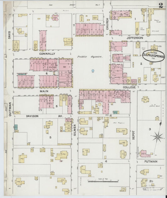 Sanborn Fire Insurance Map from Sulphur Springs, Hopkins County, Texas (1888), Sheet #0002 - Historic Sanborn Fire Insurance Map Print, vintage old map wall art, antique decor, genealogy gift, Texas Texas map