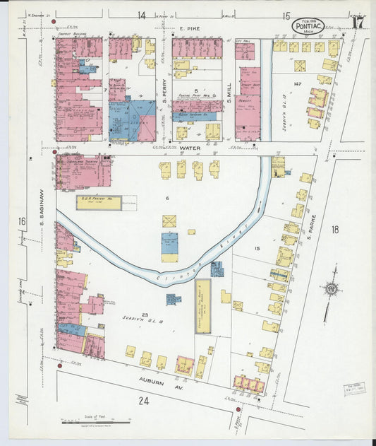 Sanborn Fire Insurance Map from Pontiac, Oakland County, Michigan (1919), Sheet #0017 - Historic Sanborn Fire Insurance Map Print, vintage old map wall art, antique decor, genealogy gift, Michigan Michigan map