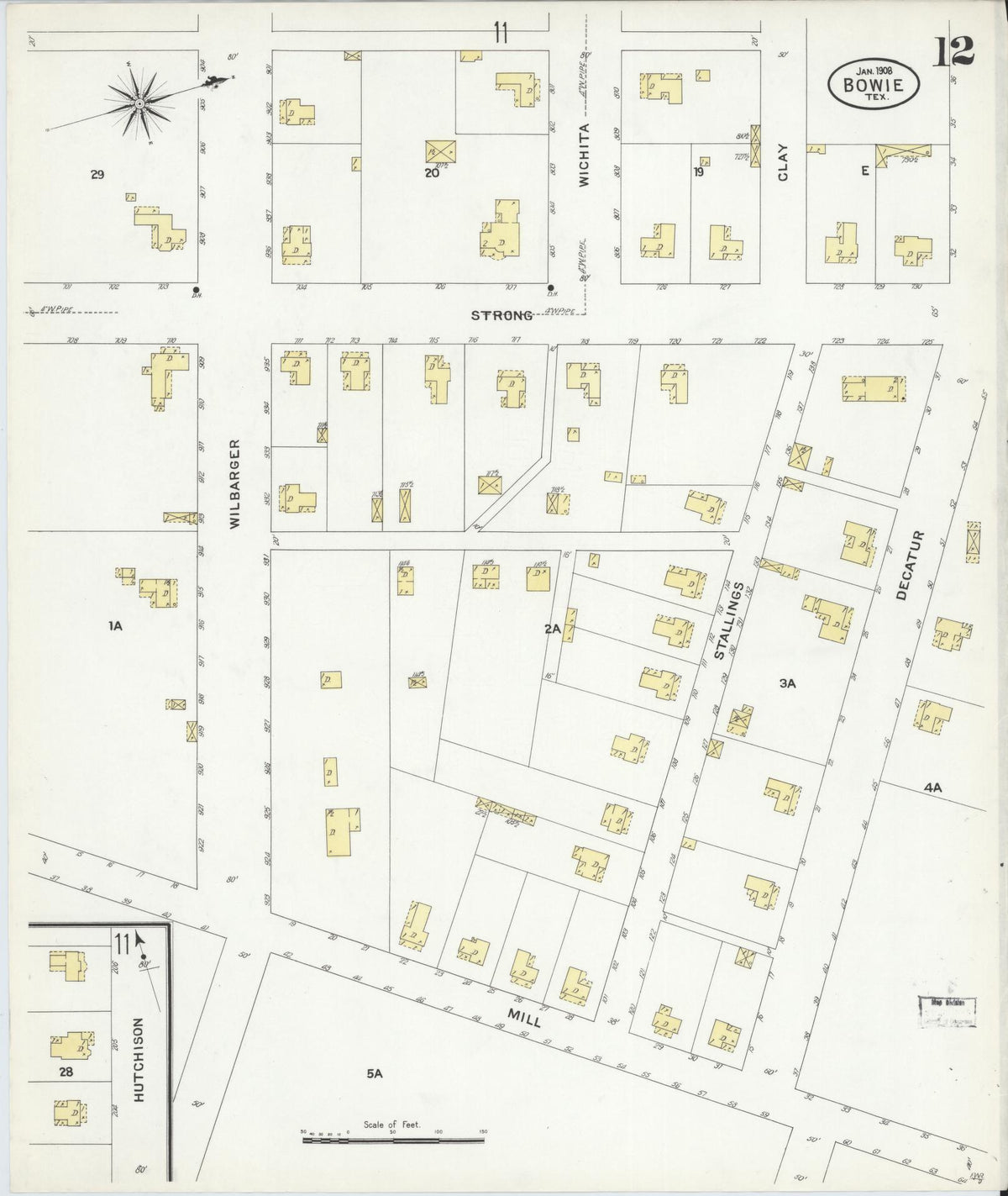 Sanborn Fire Insurance Map from Bowie, Montague County, Texas (1908), Sheet #0012 - Complete Map Set gallery image, historic Sanborn map, vintage wall art, Texas Texas