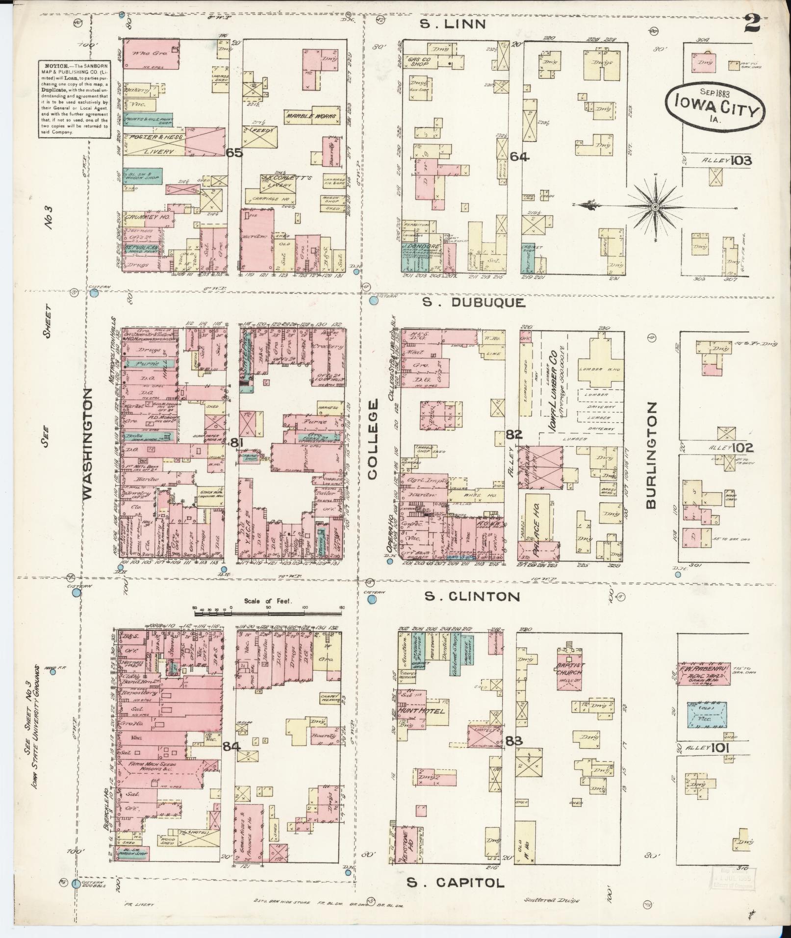Sanborn Fire Insurance Map from Iowa City, Johnson County, Iowa (1883), Sheet #0002 - Historic Sanborn Fire Insurance Map Print, vintage old map wall art