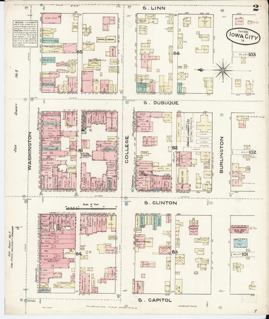 Sanborn Fire Insurance Map from Iowa City, Johnson County, Iowa (1883), Sheet #0002 - Historic Sanborn Fire Insurance Map Print, vintage old map wall art