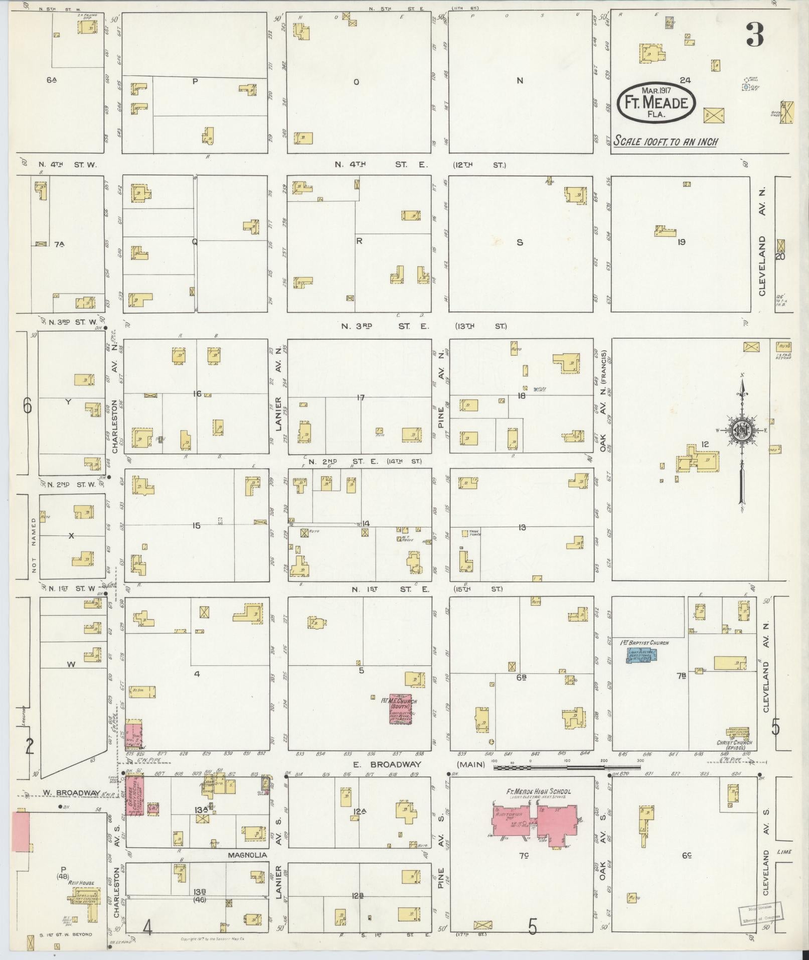 Sanborn Fire Insurance Map from Fort Meade, Polk County, Florida (1917), Sheet #0003 - Complete Map Set gallery image, historic Sanborn map, vintage wall art, Florida Florida