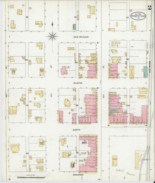 Sanborn Fire Insurance Map from Hempstead, Waller County, Texas (1906), Sheet #0002 - Historic Sanborn Fire Insurance Map Print, vintage old map wall art, antique decor, genealogy gift, Texas Texas map