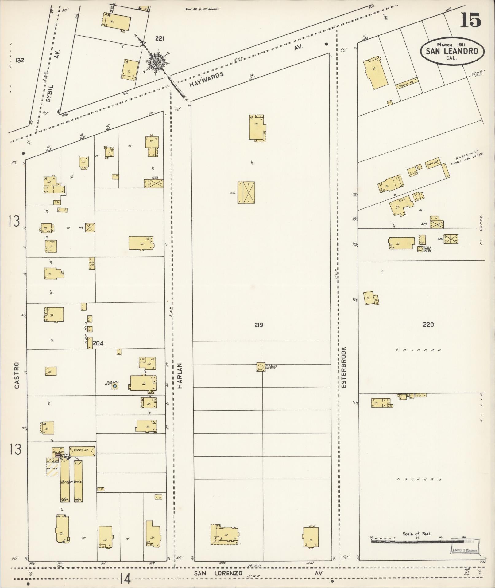 Sanborn Fire Insurance Map from San Leandro, Alameda County, California (1911), Sheet #0015 - Complete Map Set gallery image, historic Sanborn map, vintage wall art, California California