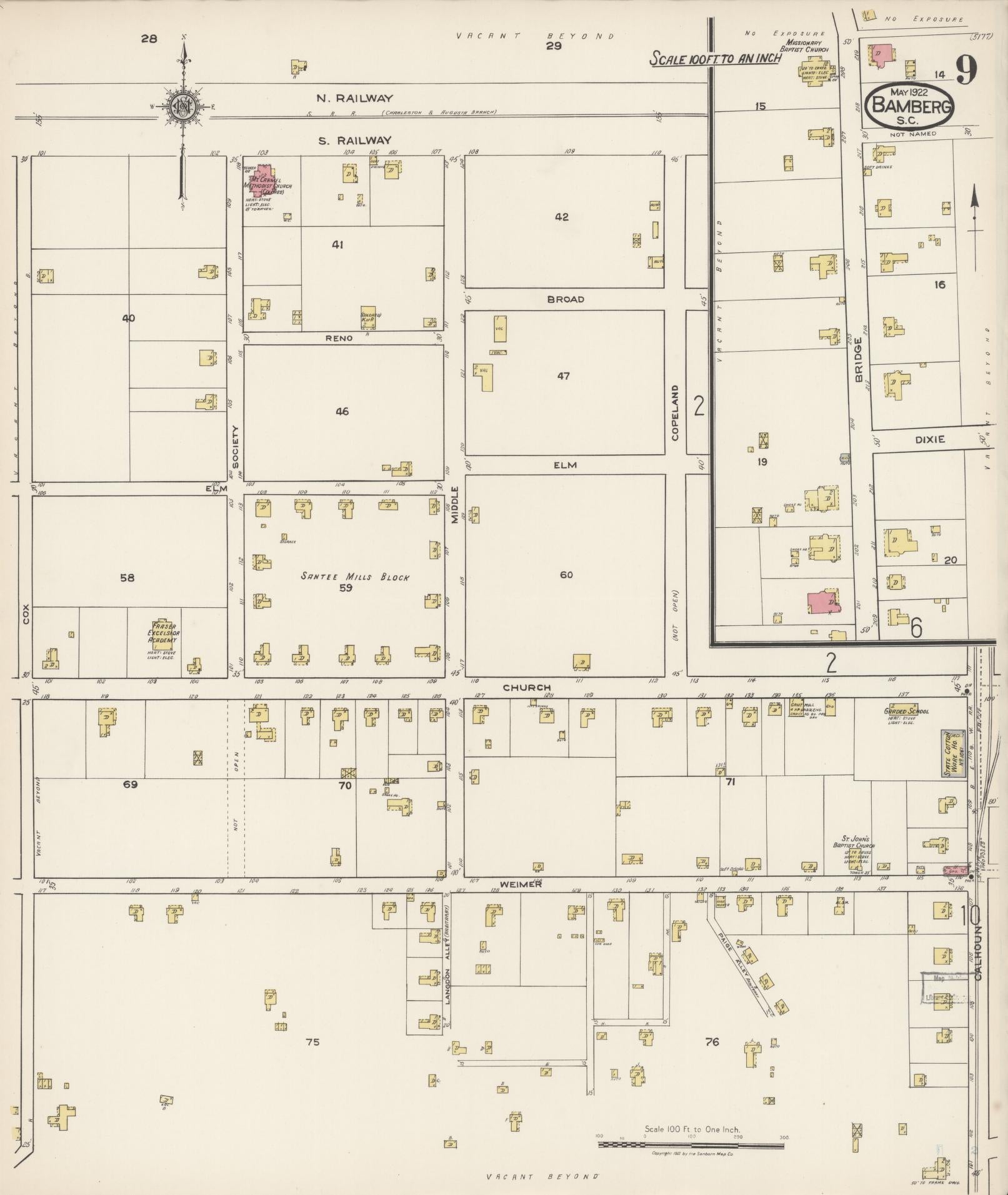 Sanborn Fire Insurance Map from Bamberg, Bamberg County, South Carolina (1922), Sheet #0009 - Historic Sanborn Fire Insurance Map Print, vintage old map wall art, antique decor, genealogy gift, South Carolina South Carolina map