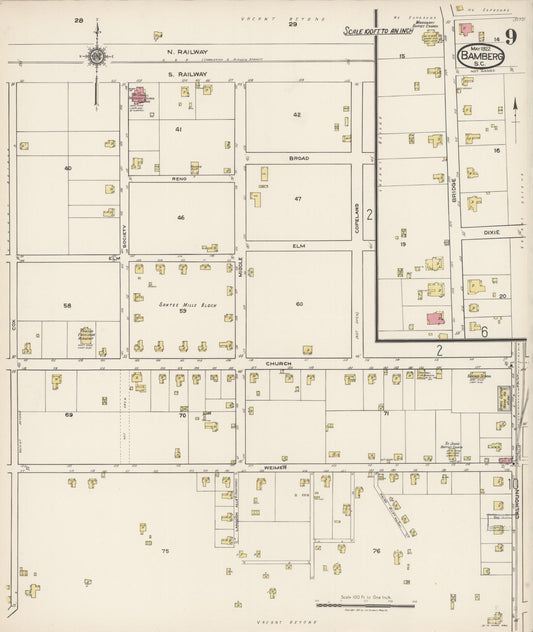 Sanborn Fire Insurance Map from Bamberg, Bamberg County, South Carolina (1922), Sheet #0009 - Historic Sanborn Fire Insurance Map Print, vintage old map wall art, antique decor, genealogy gift, South Carolina South Carolina map
