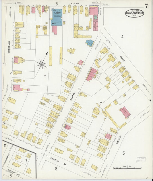 Sanborn Fire Insurance Map from Haddonfield, Camden County, New Jersey (1908), Sheet #0007 - Historic Sanborn Fire Insurance Map Print, vintage old map wall art, antique decor, genealogy gift, New Jersey New Jersey map