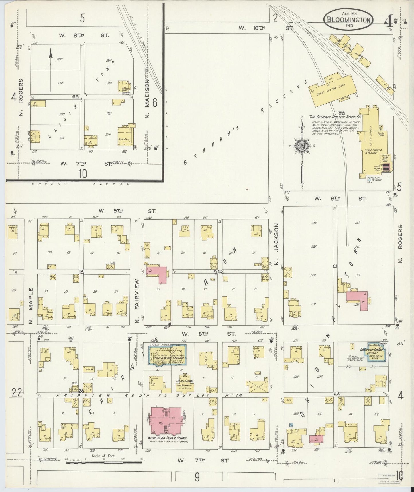Sanborn Fire Insurance Map from Bloomington, Monroe County, Indiana (1913), Sheet #0004 - Historic Sanborn Fire Insurance Map Print, vintage old map wall art, antique decor, genealogy gift, Indiana Indiana map