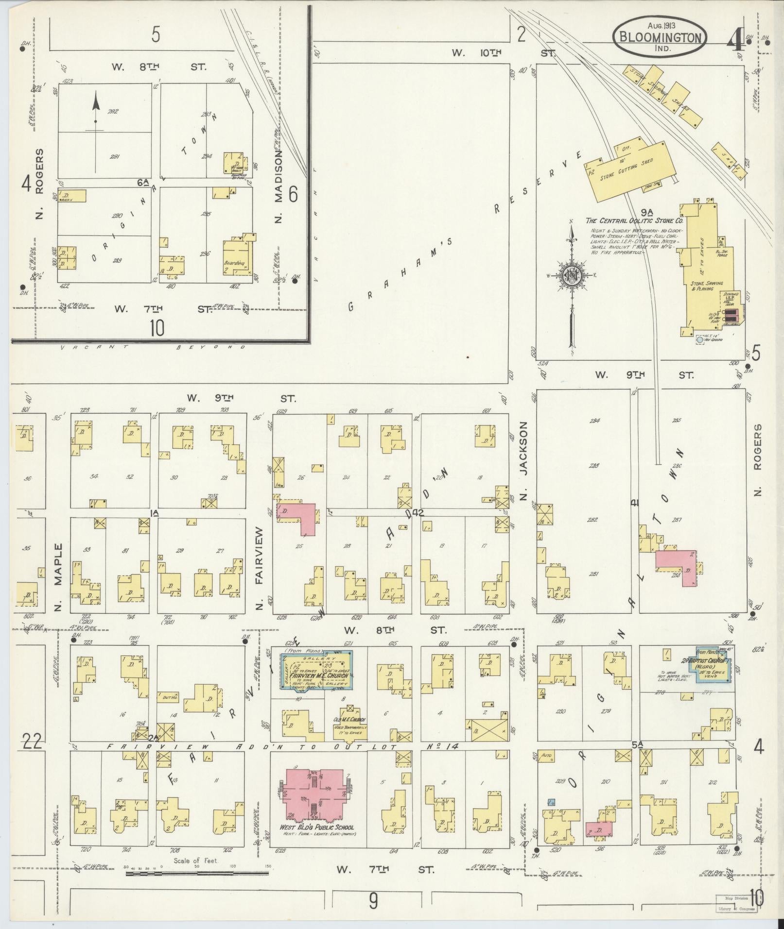 Sanborn Fire Insurance Map from Bloomington, Monroe County, Indiana (1913), Sheet #0004 - Historic Sanborn Fire Insurance Map Print, vintage old map wall art, antique decor, genealogy gift, Indiana Indiana map