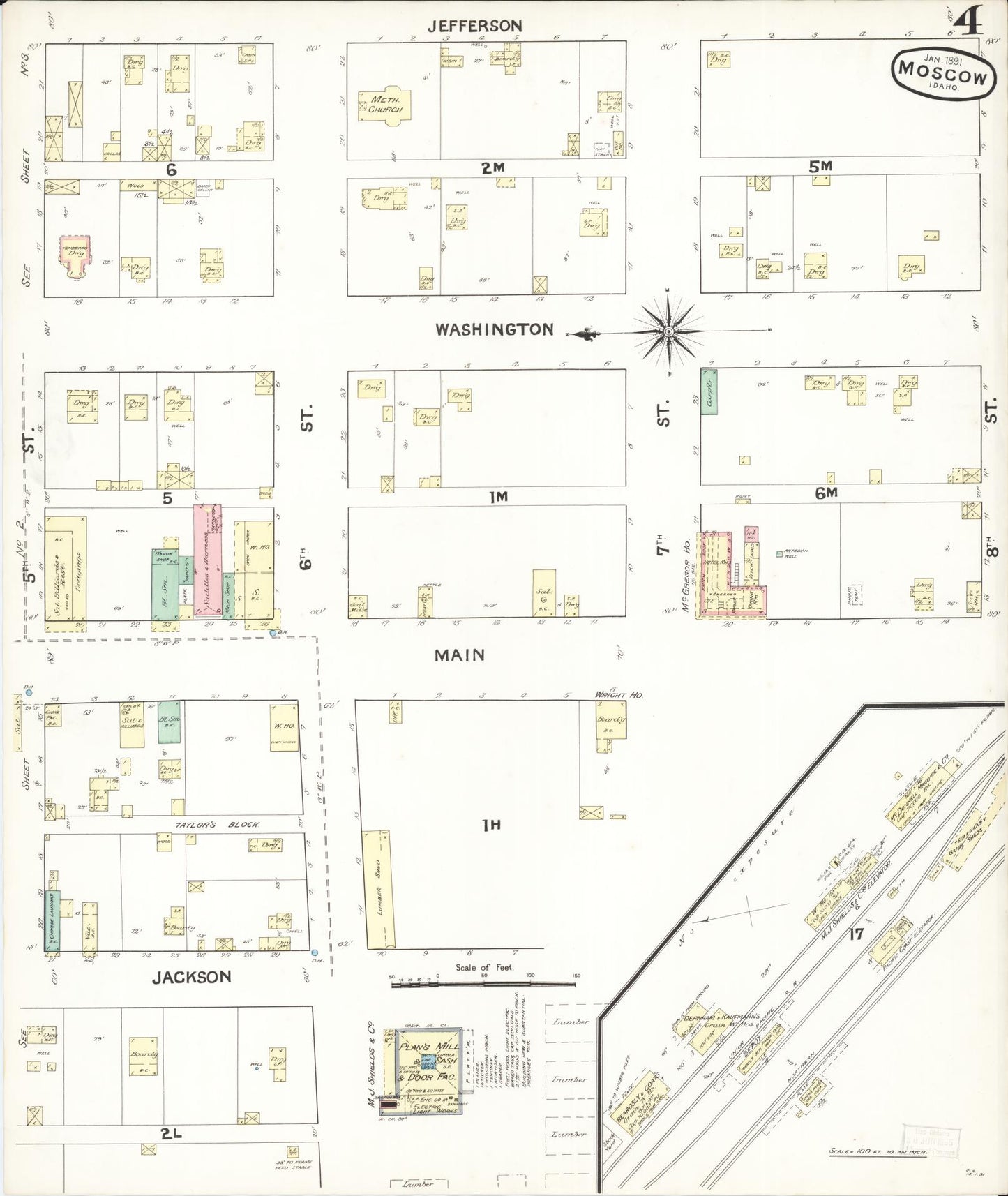 Sanborn Fire Insurance Map from Moscow, Latah County, Idaho (1891), Sheet #0004 - Historic Sanborn Fire Insurance Map Print, vintage old map wall art, antique decor, genealogy gift, Idaho Idaho map