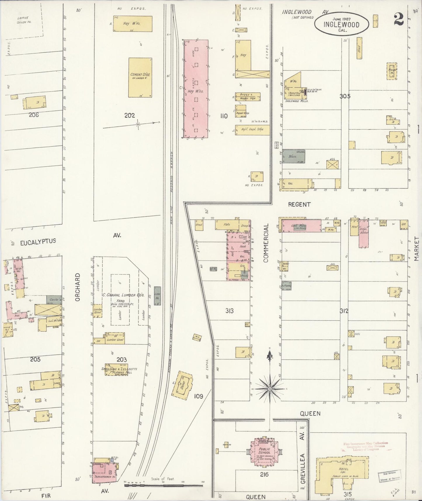 Sanborn Fire Insurance Map from Inglewood, Los Angeles County, California (1907), Sheet #0002 - Historic Sanborn Fire Insurance Map Print, vintage old map wall art, antique decor, genealogy gift, California California map
