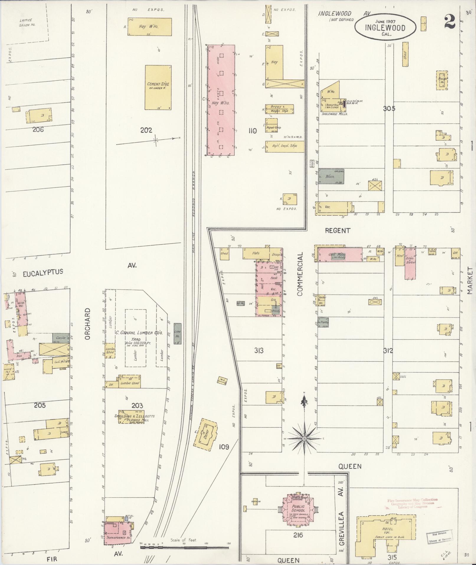 Sanborn Fire Insurance Map from Inglewood, Los Angeles County, California (1907), Sheet #0002 - Historic Sanborn Fire Insurance Map Print, vintage old map wall art, antique decor, genealogy gift, California California map