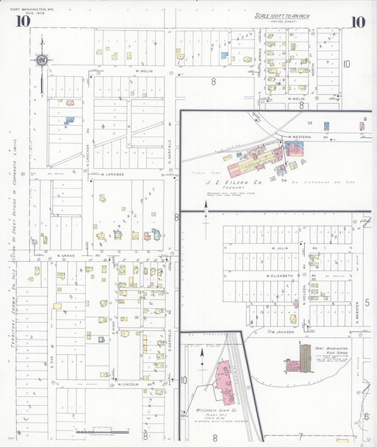 Sanborn Fire Insurance Map from Port Washington, Ozaukee County, Wisconsin (1938), Sheet #0010 - Historic Sanborn Fire Insurance Map Print, vintage old map wall art, antique decor, genealogy gift, Wisconsin Wisconsin map