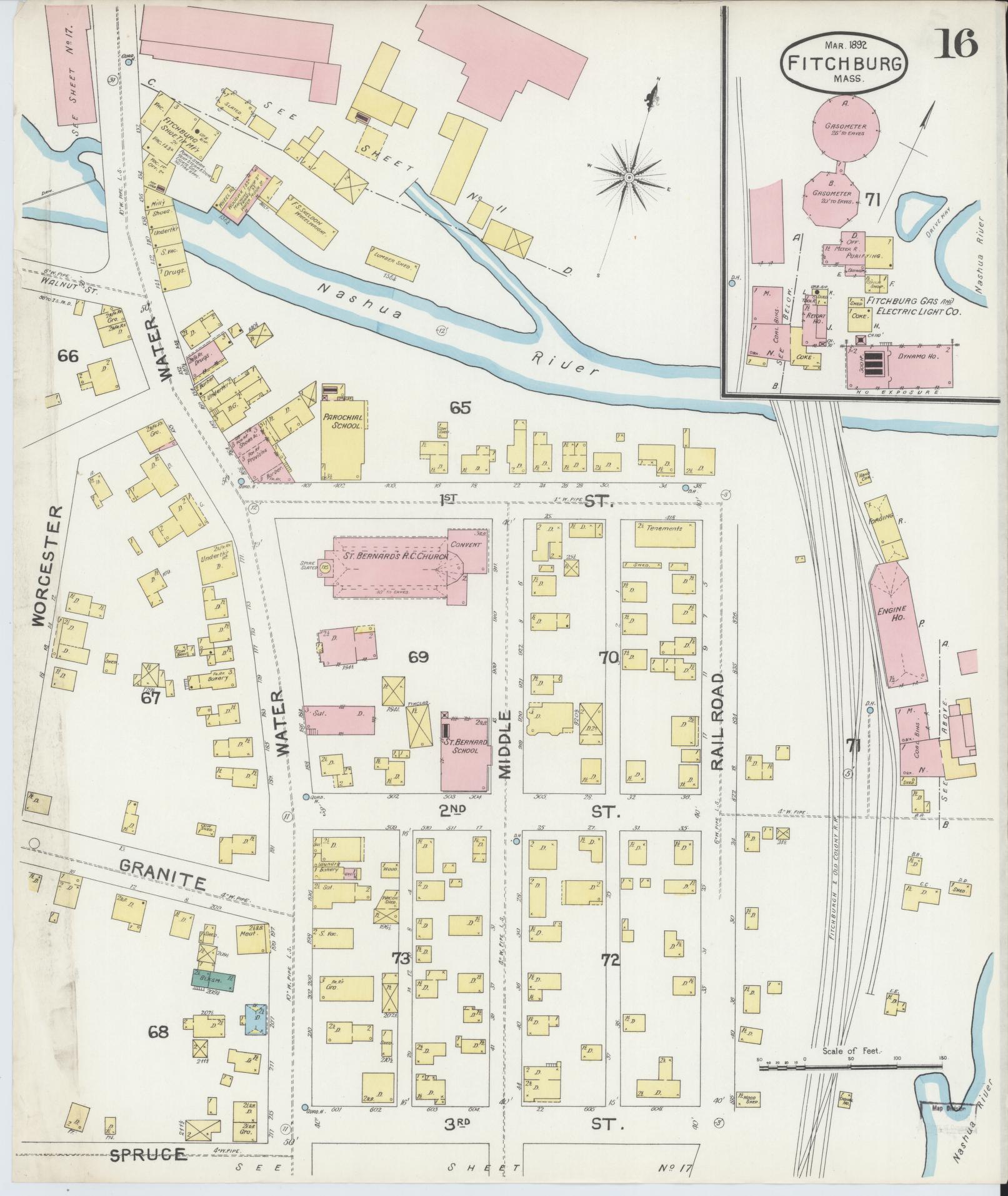 Sanborn Fire Insurance Map from Fitchburg, Worcester County, Massachusetts (1892), Sheet #0016 - Historic Sanborn Fire Insurance Map Print, vintage old map wall art, antique decor, genealogy gift, Massachusetts Massachusetts map