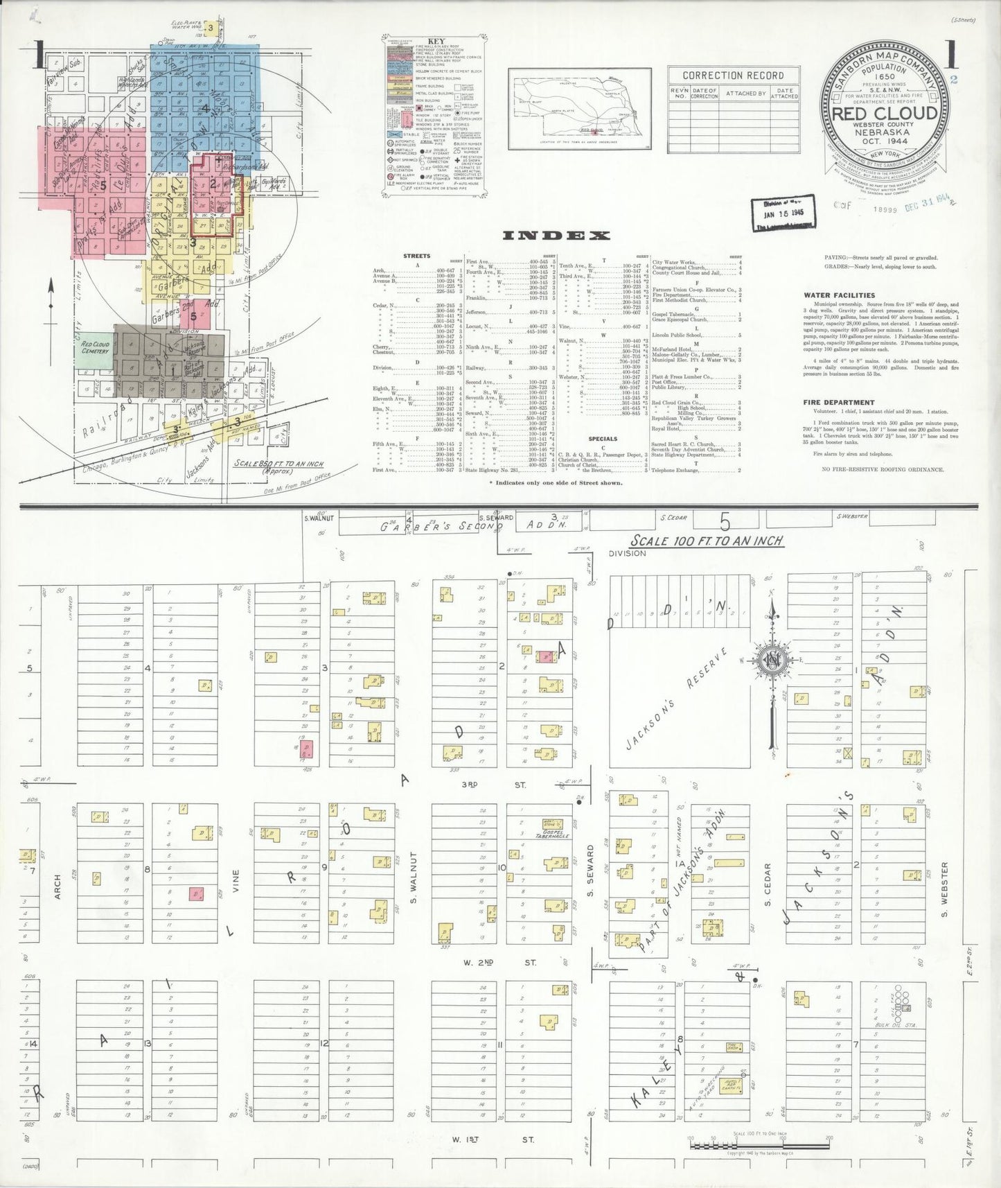 Sanborn Fire Insurance Map from Red Cloud, Webster County, Nebraska (1944), Sheet #0001 - Historic Sanborn Fire Insurance Map Print, vintage old map wall art, antique decor, genealogy gift, Nebraska Nebraska map