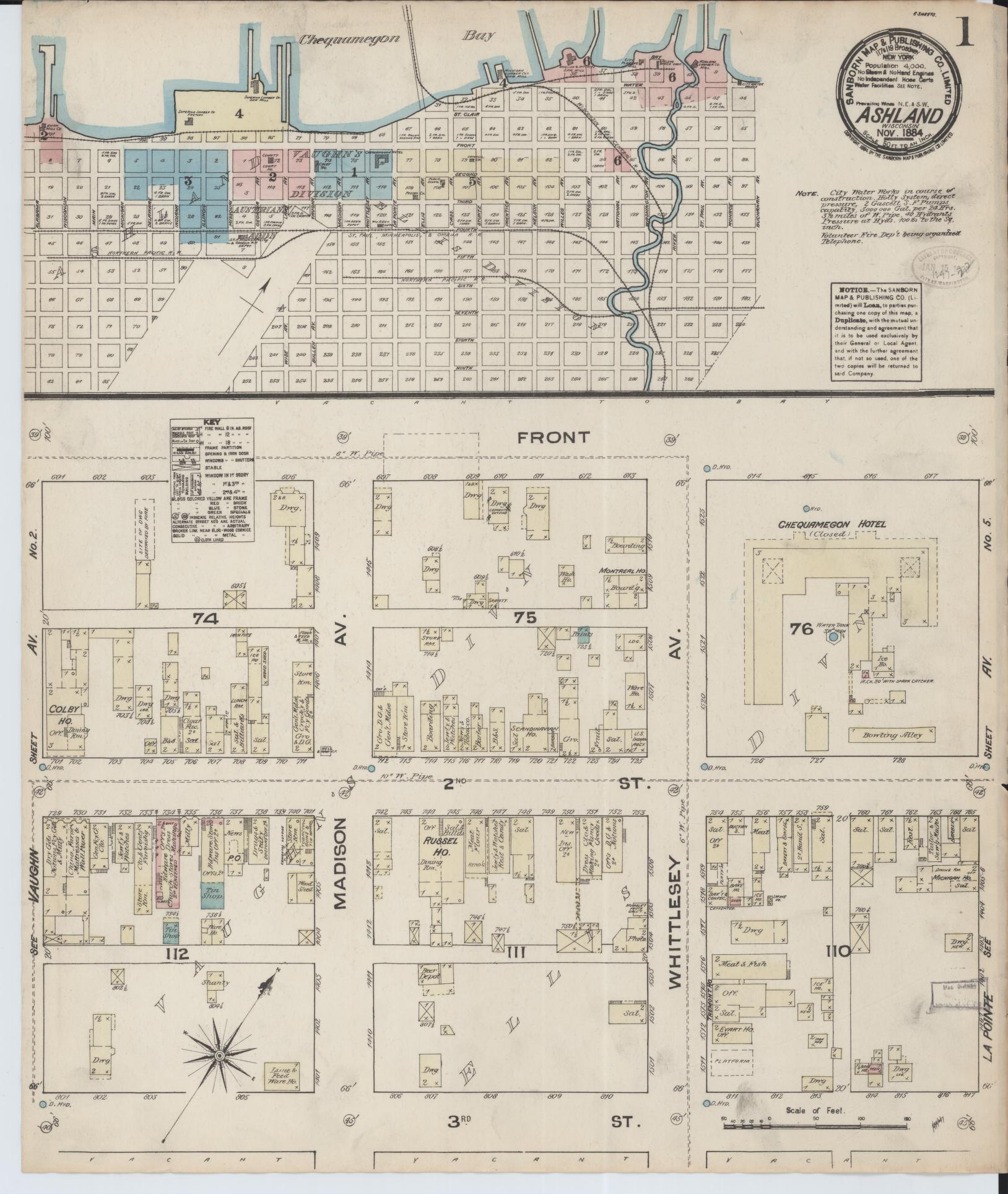 Sanborn Fire Insurance Map from Ashland, Ashland County, Wisconsin (1884), Sheet #0001 - Historic Sanborn Fire Insurance Map Print, vintage old map wall art, antique decor, genealogy gift, Wisconsin Wisconsin map