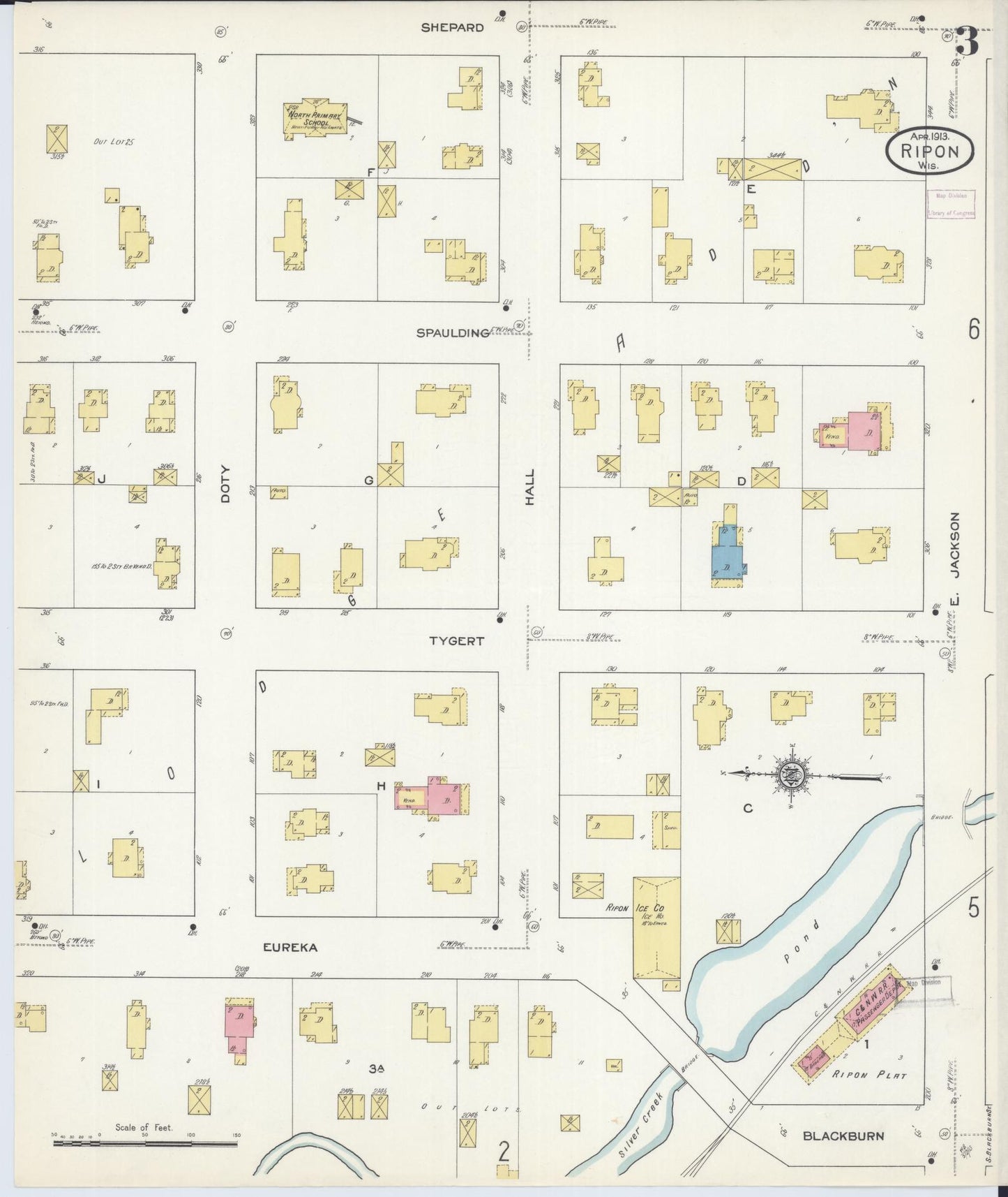 Sanborn Fire Insurance Map from Ripon, Fond du Lac County, Wisconsin (1913), Sheet #0003 - Complete Map Set gallery image, historic Sanborn map, vintage wall art, Wisconsin Wisconsin