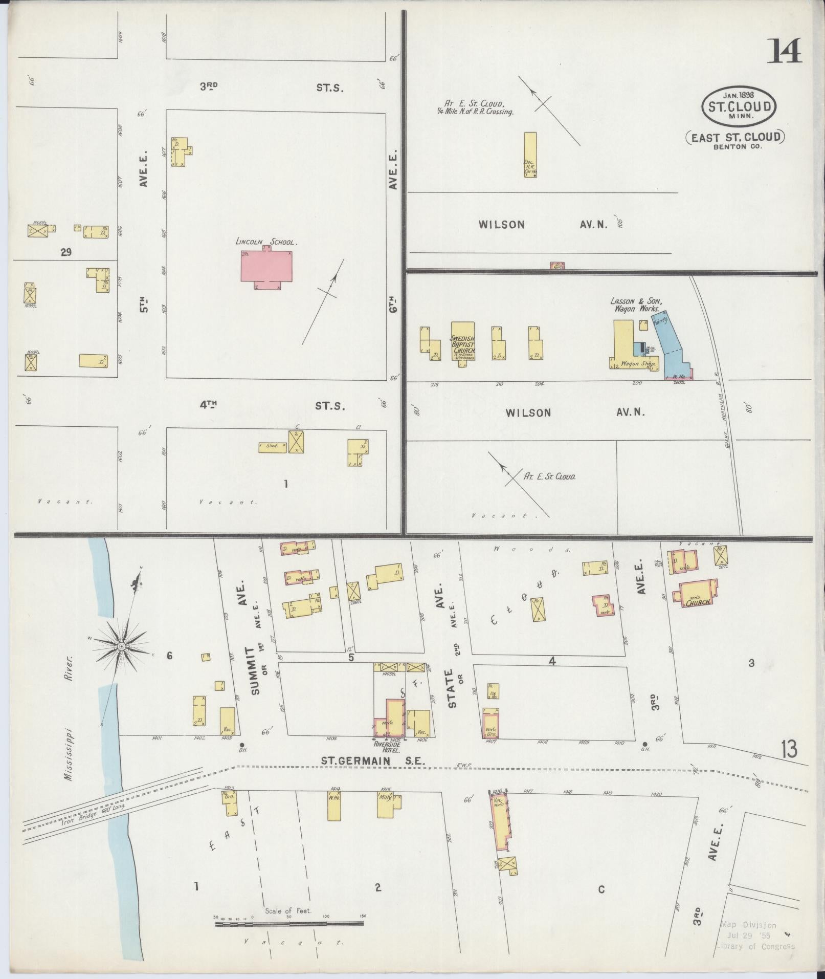 Sanborn Fire Insurance Map from Saint Cloud, Stearns, Benton, and Sherburne Counties, Minnesota (1898), Sheet #0014 - Complete Map Set gallery image, historic Sanborn map, vintage wall art, Minnesota Minnesota