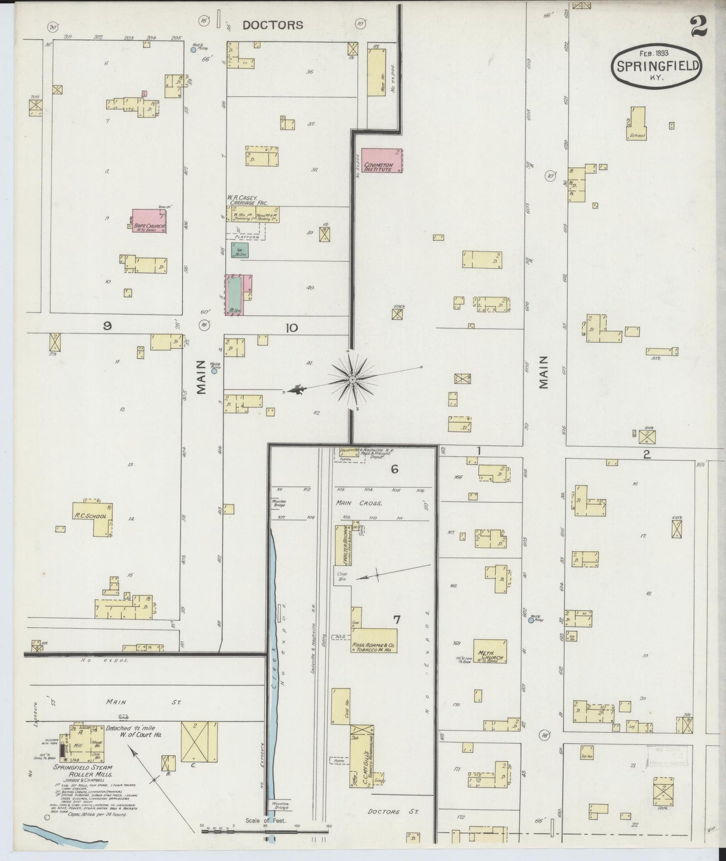 Sanborn Fire Insurance Map from Springfield, Washington County, Kentucky (1893), Sheet #0002 - Historic Sanborn Fire Insurance Map Print, vintage old map wall art, antique decor, genealogy gift, Kentucky Kentucky map