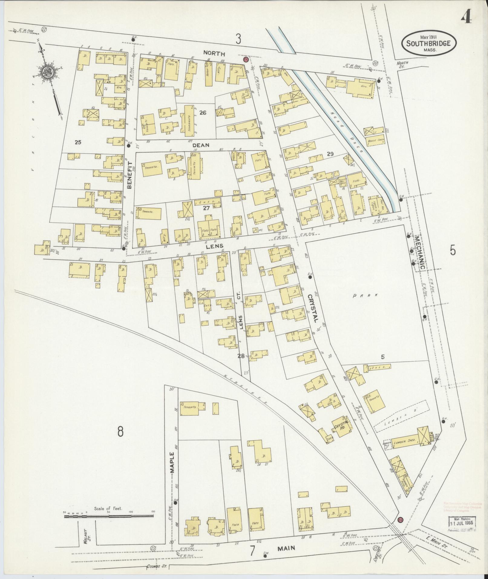 Sanborn Fire Insurance Map from Southbridge, Worcester County, Massachusetts (1911), Sheet #0004 - Historic Sanborn Fire Insurance Map Print, vintage old map wall art, antique decor, genealogy gift, Massachusetts Massachusetts map