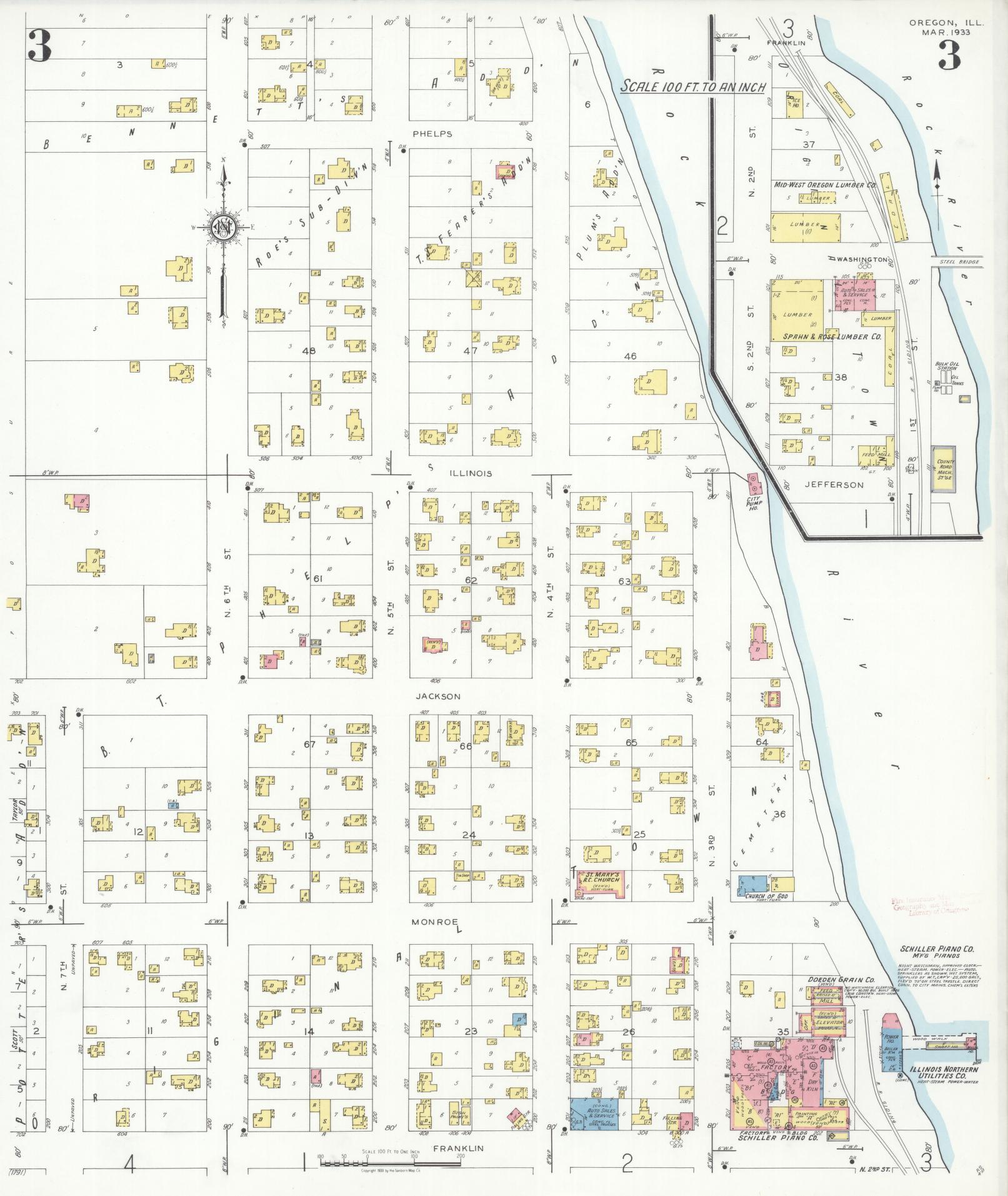 Sanborn Fire Insurance Map from Oregon, Ogle County, Illinois (1933), Sheet #0003 - Complete Map Set gallery image, historic Sanborn map, vintage wall art, Oregon Oregon