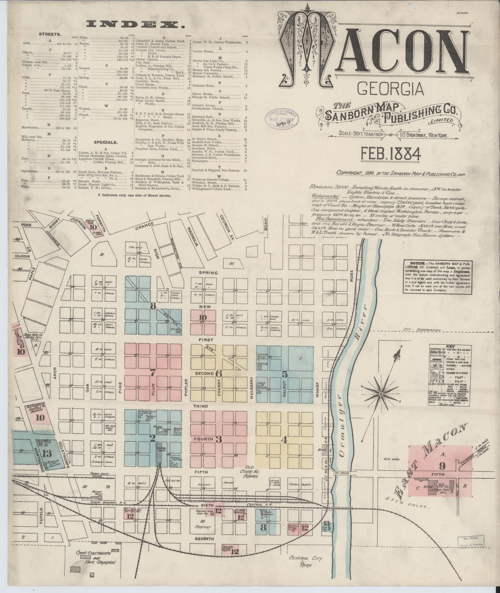 Sanborn Fire Insurance Map from Macon, Bibb and Jones County, Georgia (1884), Sheet #0001 - Historic Sanborn Fire Insurance Map Print, vintage old map wall art, antique decor, genealogy gift, Georgia Georgia map
