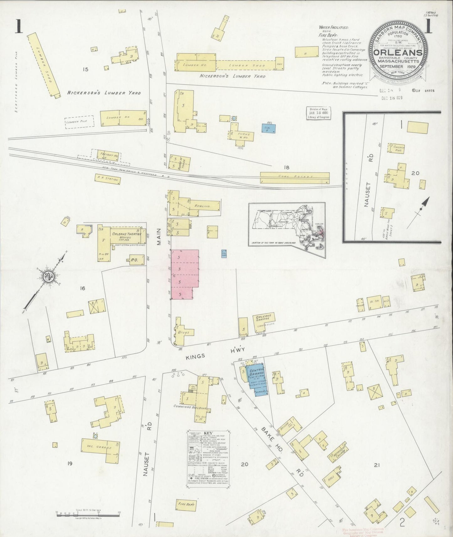 Sanborn Fire Insurance Map from Orleans, Barnstable County, Massachusetts (1929), Sheet #0001 - Complete Map Set gallery image, historic Sanborn map, vintage wall art, Massachusetts Massachusetts