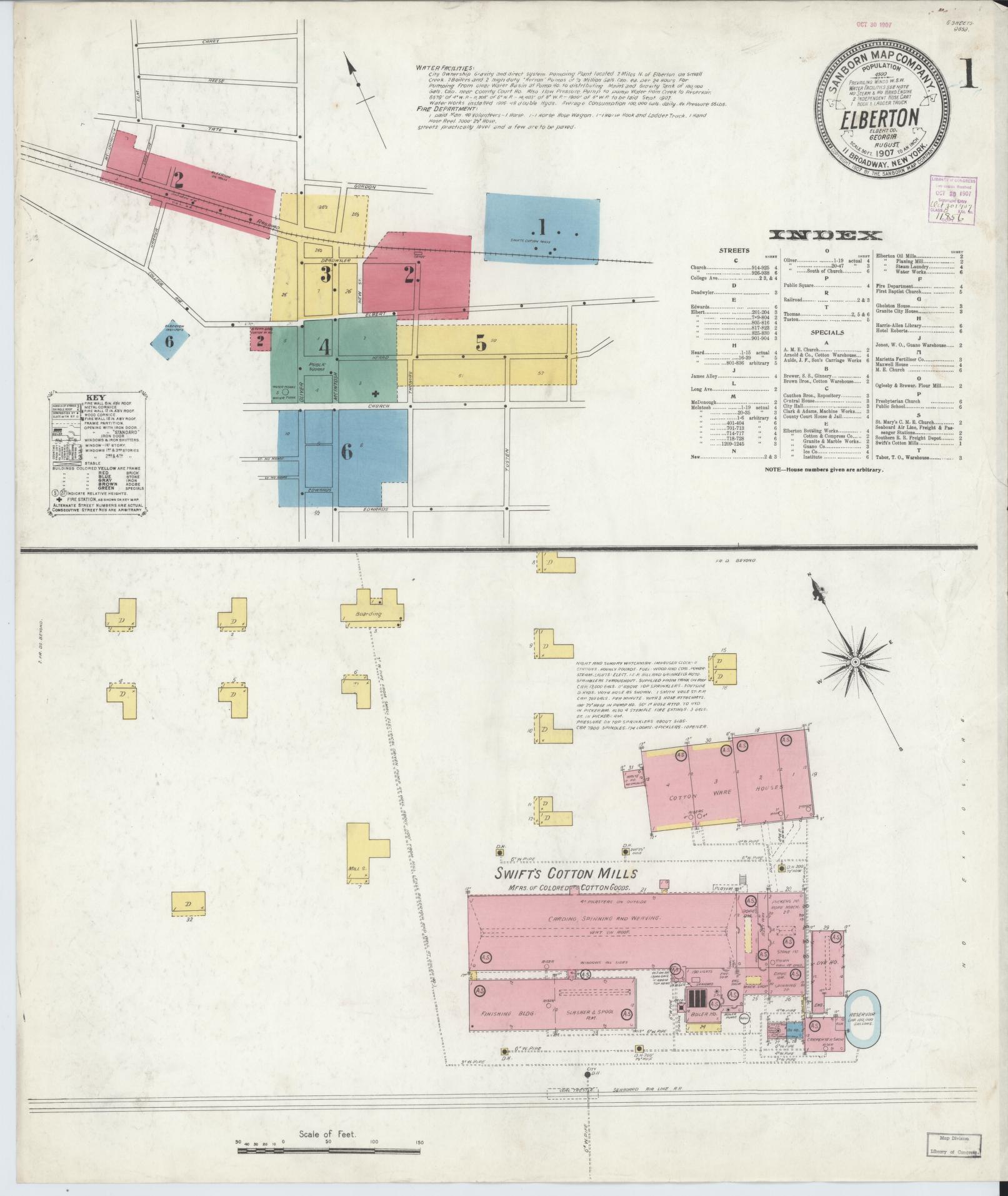 Sanborn Fire Insurance Map from Elberton, Elbert County, Georgia (1907), Sheet #0001 - Historic Sanborn Fire Insurance Map Print, vintage old map wall art, antique decor, genealogy gift, Georgia Georgia map