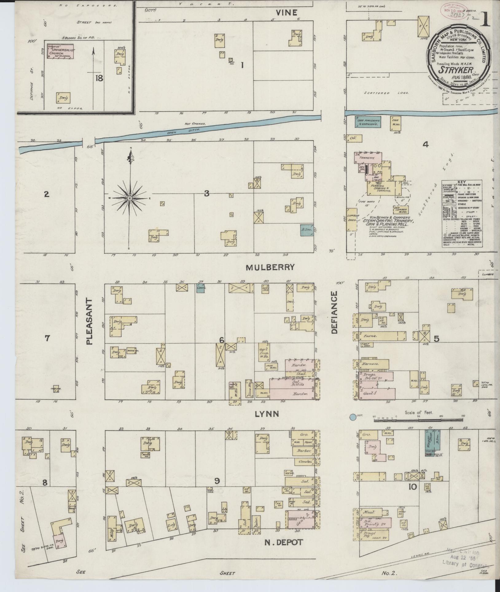 Sanborn Fire Insurance Map from Stryker, Williams County, Ohio (1888), Sheet #0001 - Complete Map Set gallery image, historic Sanborn map, vintage wall art, Ohio Ohio