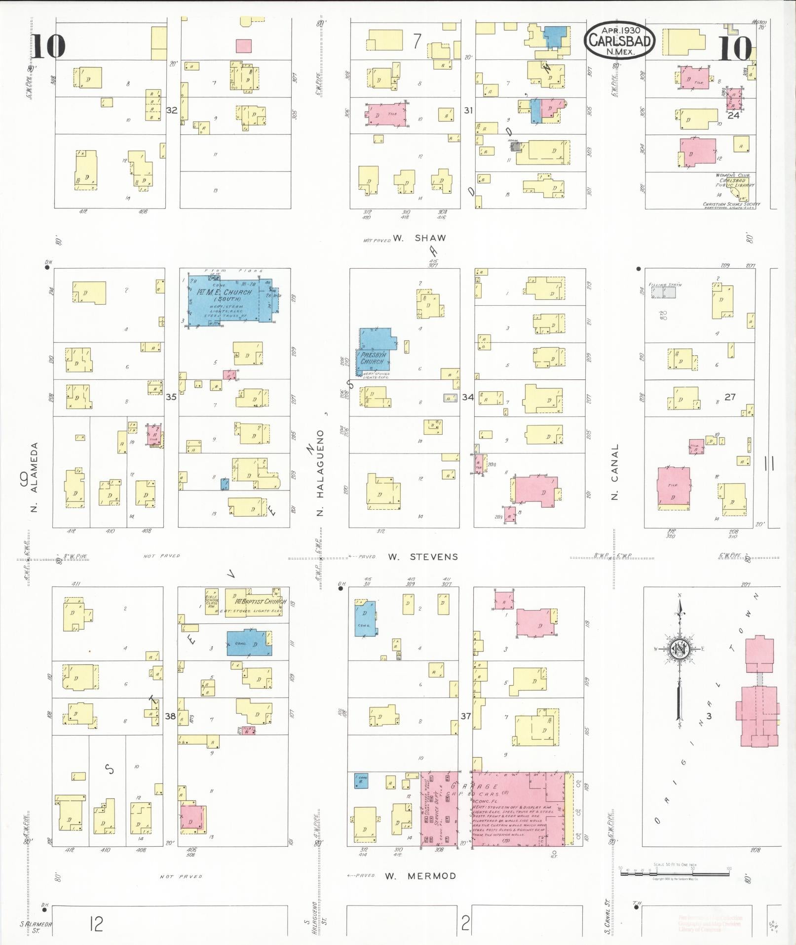 Sanborn Fire Insurance Map from Carlsbad, Eddy County, New Mexico (1930), Sheet #0010 - Historic Sanborn Fire Insurance Map Print, vintage old map wall art, antique decor, genealogy gift, New Mexico New Mexico map