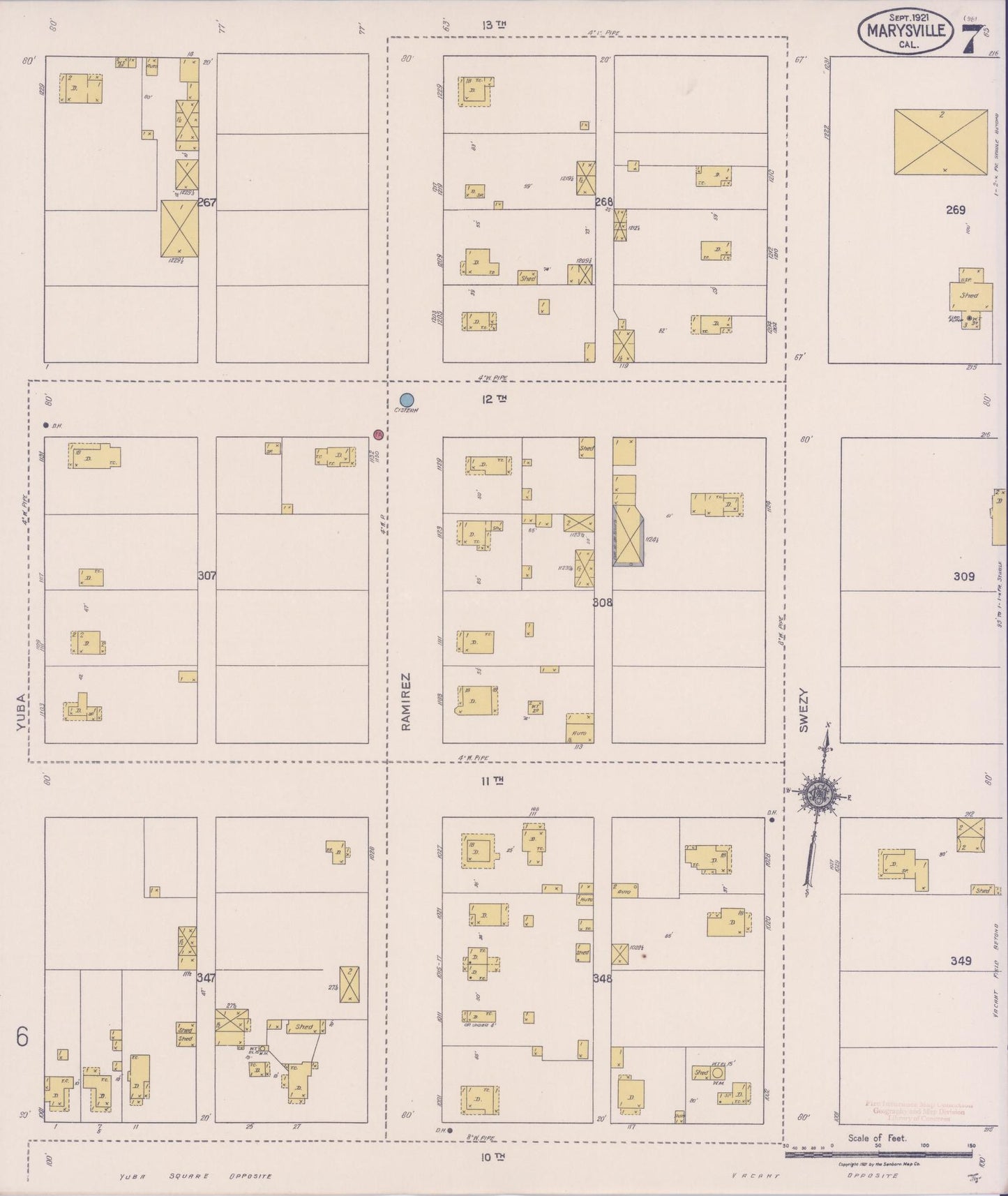 Sanborn Fire Insurance Map from Marysville, Yuba County, California (1921), Sheet #0007 - Historic Sanborn Fire Insurance Map Print, vintage old map wall art, antique decor, genealogy gift, California California map