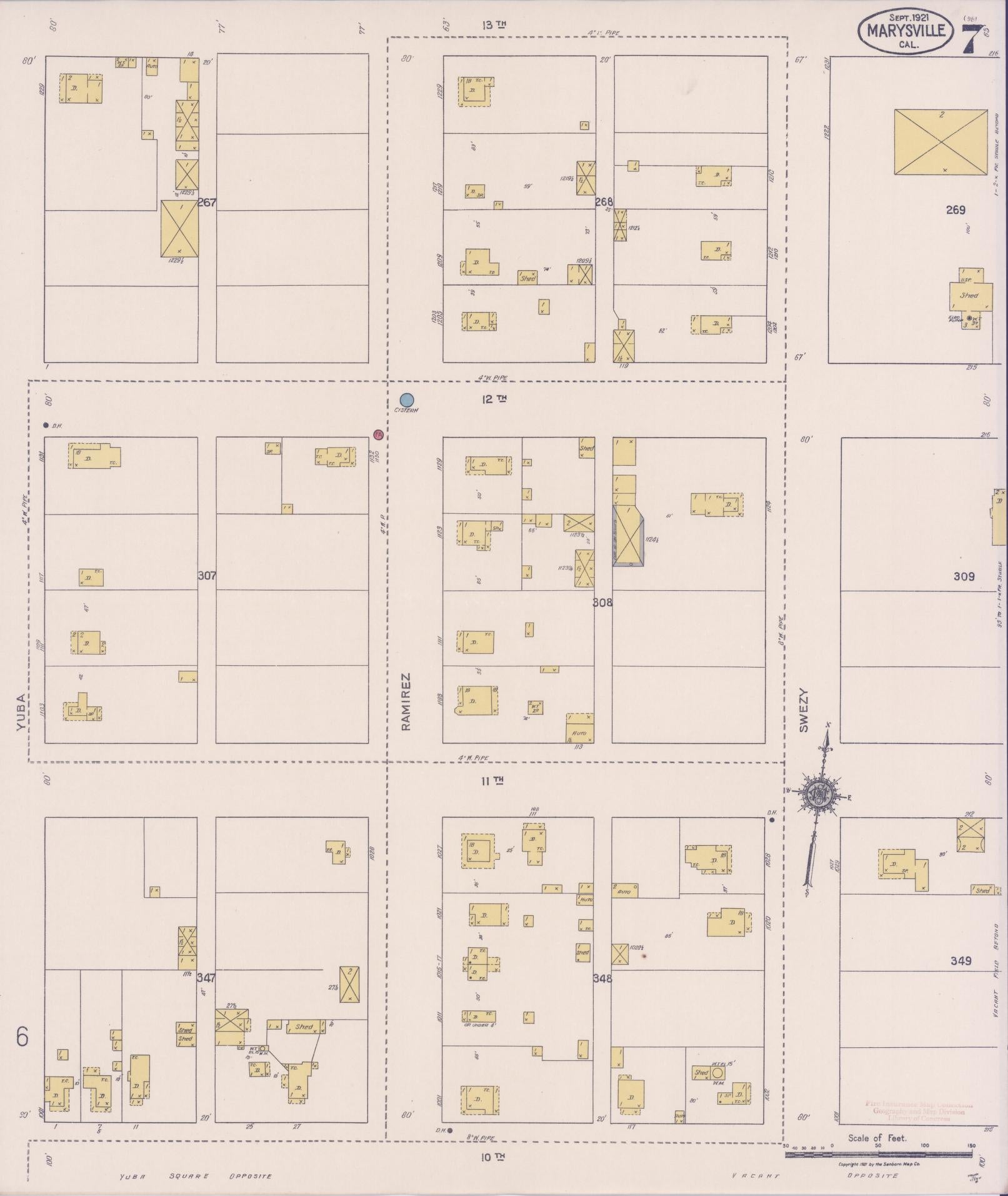 Sanborn Fire Insurance Map from Marysville, Yuba County, California (1921), Sheet #0007 - Historic Sanborn Fire Insurance Map Print, vintage old map wall art, antique decor, genealogy gift, California California map